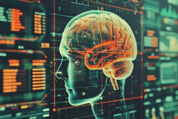 Wall Mural - Brain model with digital interface symbolizing advanced technology and neural networks