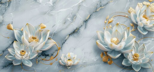 Panel wall art with gold and silver designs featuring Teal Flower Plants on a marble background