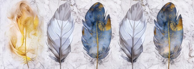 Wall Mural - Decorate your wall with this panel wall art featuring a marble background and feather designs