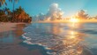 © Stock Source - Peaceful beach at sunrise with gentle waves palm trees swaying and fluffy white clouds scattered across the sky a perfect vacation spot