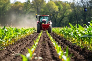 Red tractor plowing a lush green farm field with young crops in rows. Ideal for agricultural advertisements or farming blogs. Vivid colors and clear details make this an attractive image