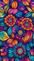 Aufkleber - Cheerful and vibrant seamless pattern featuring colorful flowers and leaves