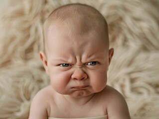 portrait of a dissatisfied caucasian baby boy.