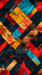 Aufkleber - Abstract geometric design with interlocking squares, vibrant colors, and energetic brushstrokes in a seamless pattern