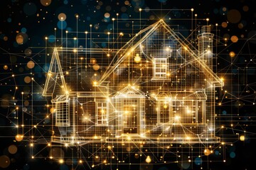 Sticker - Digital blueprint of a house with golden lights highlighting architectural details