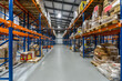 © alhim - View of a Spacious Warehouse Aisle Filled With Stacked Pallets and Boxes in Bright Lighting.The interior of a large warehouse showcases a wide aisle flanked by towering shelves stacked with pallets.