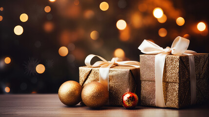 Wall Mural - Merry Christmas and Happy New Year background with copy space. Xmas gifts box and Christmas balls, festive bokeh. Design for poster, holiday banner, flyer or greeting card.