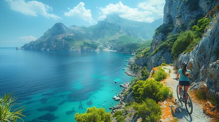 Wall Mural - Solo Hispanic woman cycling along the coastal cliffs of the Amalfi Coast Italy