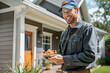 © khonkangrua - Smiling worker in a uniform holding a smartphone, standing outside a house with a cheerful and professional demeanor.