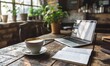 © panumas - cozy workspace with a cup of coffee on a rustic wooden table, accompanied by an open book and a laptop. The background is filled with potted plants on a window ledge, creating a serene productive .