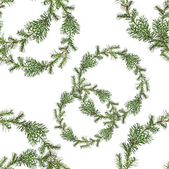 Wall Mural - christmas seamless pattern. wreath of coniferous tree branches isolated on white background. pattern