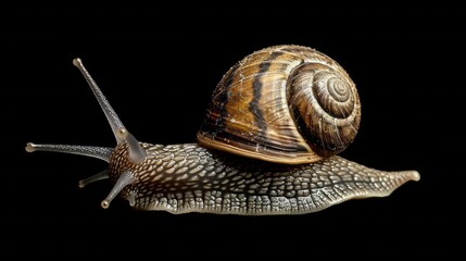 A small brown and white snail is on a black background