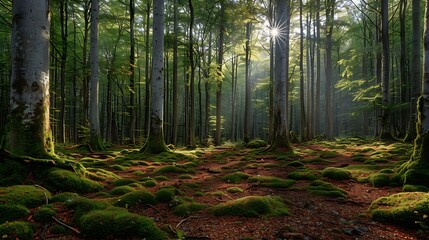 Tranquil forest with Beech trees Fagus sylvatica in Germany