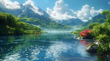 Sticker - Tranquil mountain stream with crystalclear water surrounded by lush greenery and soft clouds reflecting in the still surface of the stream