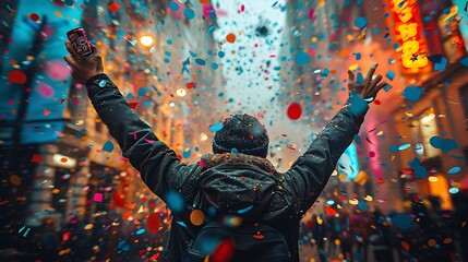 Sticker - Vibrant city festival with colorful parades fireworks lighting up the night sky and clouds of confetti creating a festive and lively atmosphere