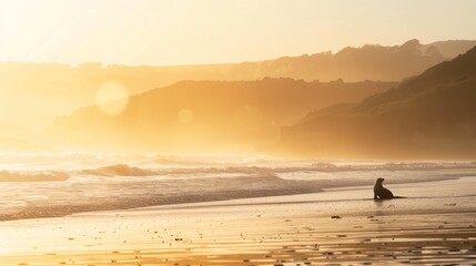 Wall Mural - A dog is sitting on the beach near the water