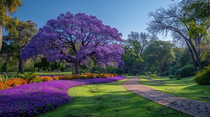 Wall Mural - Vibrant garden with Jacaranda trees Jacaranda mimosifolia in full bloom their purple flowers creating a stunning contrast against the green foliage in Argentina