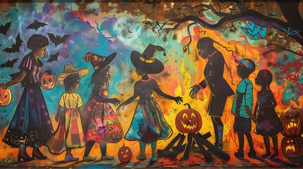 Wall Mural - Vibrant Halloween mural depicting a multiracial family in traditional costumes gathered around a bonfire with spooky stories and eerie shadows