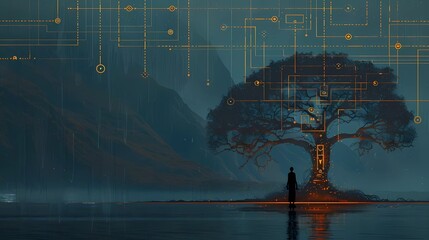 tree in the night with digital network 