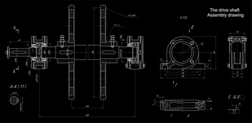Wall Mural - assembly drawing of speed drive shaft. vector cad scheme of part of steel mechanical device with dim