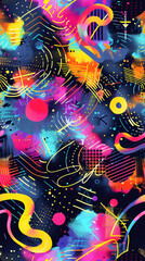 Aufkleber - Vibrant abstract seamless pattern with colorful geometric shapes and brushstrokes set against a dark backdrop