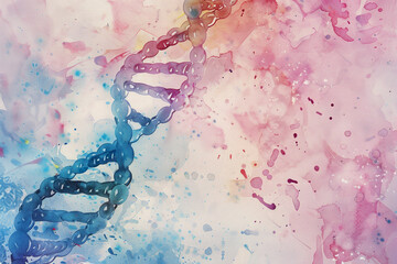 A watercolor painting of a DNA strand with a pink background