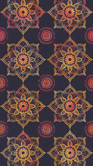 Aufkleber - Detailed lotus flowers with warm gradient colors in a seamless pattern against a dark backdrop
