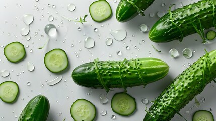 Fresh cucumbers group with slices and seamless pattern