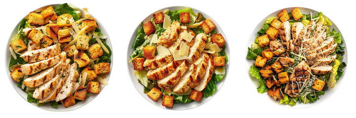 Set of overhead view of a perfectly arranged Grilled Chicken Caesar Salad isolated on transparent background  (4)