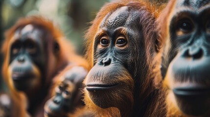 Three orangutans are standing next to each other, one of which is smiling