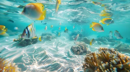 Underwater view with school of fish in ocean