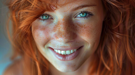 Wall Mural - A woman with red hair and green eyes is smiling