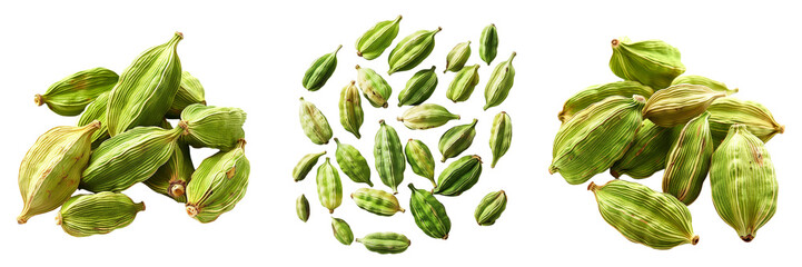 Wall Mural - Set of whole green cardamom pods isolated on transparent background   (2)