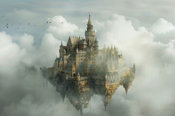 Wall Mural - A castle is floating in the sky with clouds surrounding it