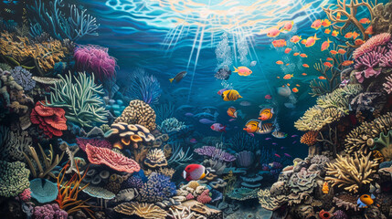 Wall Mural - A painting of a colorful coral reef with a variety of fish swimming around