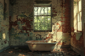 Wall Mural - A bathtub sits in a room with a brick wall and a window