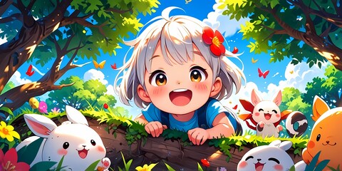 Cute girls enjoying nature with animals on a mountain under a blue sky, surrounded by green trees and flowers. Suitable for naturethemed designs.