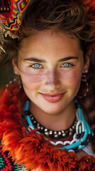 Wall Mural - A woman with blue eyes and red hair is wearing a colorful outfit and smiling