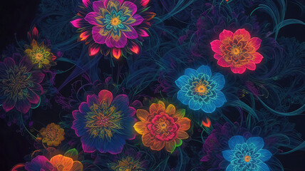 Wall Mural - Bright neon glowing flowers with intricate patterns set against a dark background create a mesmerizing abstract piece of art.