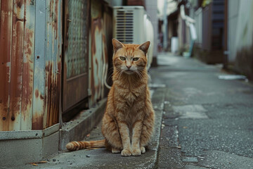 Poster - A cat is sitting on a sidewalk in front of a building