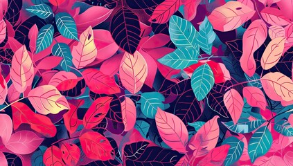 Wall Mural - exotic pattern with pink, turquoise and magenta leaves and flowers, bold lines, flat colors on a colorful pink background Generative AI