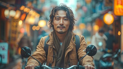 Wall Mural - Asian man on a bike ride through the bustling streets of Kuala Lumpur Malaysia