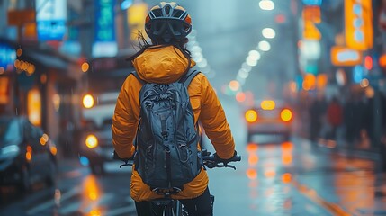 Wall Mural - Asian woman cycling through the vibrant streets of Seoul South Korea