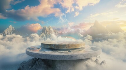 Wall Mural - 3D rendering of a stone circular product display podium with a beautiful rainbow behind the mountain and fog in the sky.