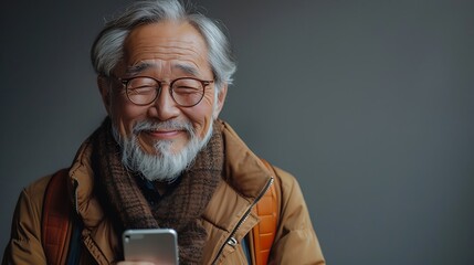 Sticker - Elderly Asian man using a smartphone to stay connected with friends smiling happily isolated on a transparent background highlighting technology communication and senior lifestyle