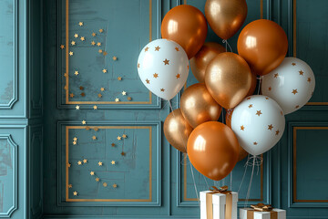 Colorful balloons with gold stars and gifts against blue background for a festive celebration party