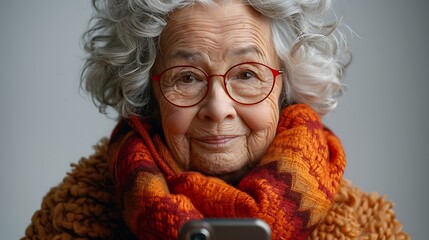 Sticker - Elderly European woman using a mobile device for online banking smiling isolated on white representing financial technology and digital convenience