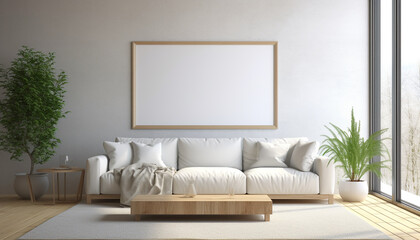 Wall Mural - Scandinavian living room pastel color accents with empty frame