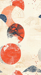 Poster - Dynamic and modern abstract seamless pattern with red circles and gold lines on a beige background