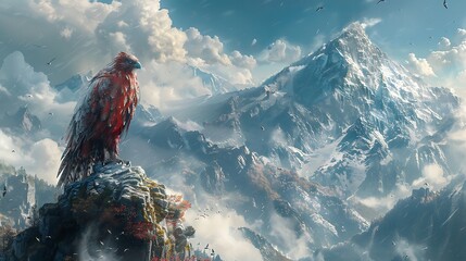 Ethereal depiction of the mythological Japanese Tengu a birdlike creature with supernatural abilities perched on a mountain peak exuding an air of mystery and power